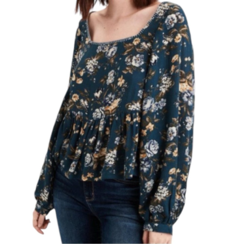 American Eagle Floral Balloon Sleeve Ruffle Crepe Square Neck Top Large